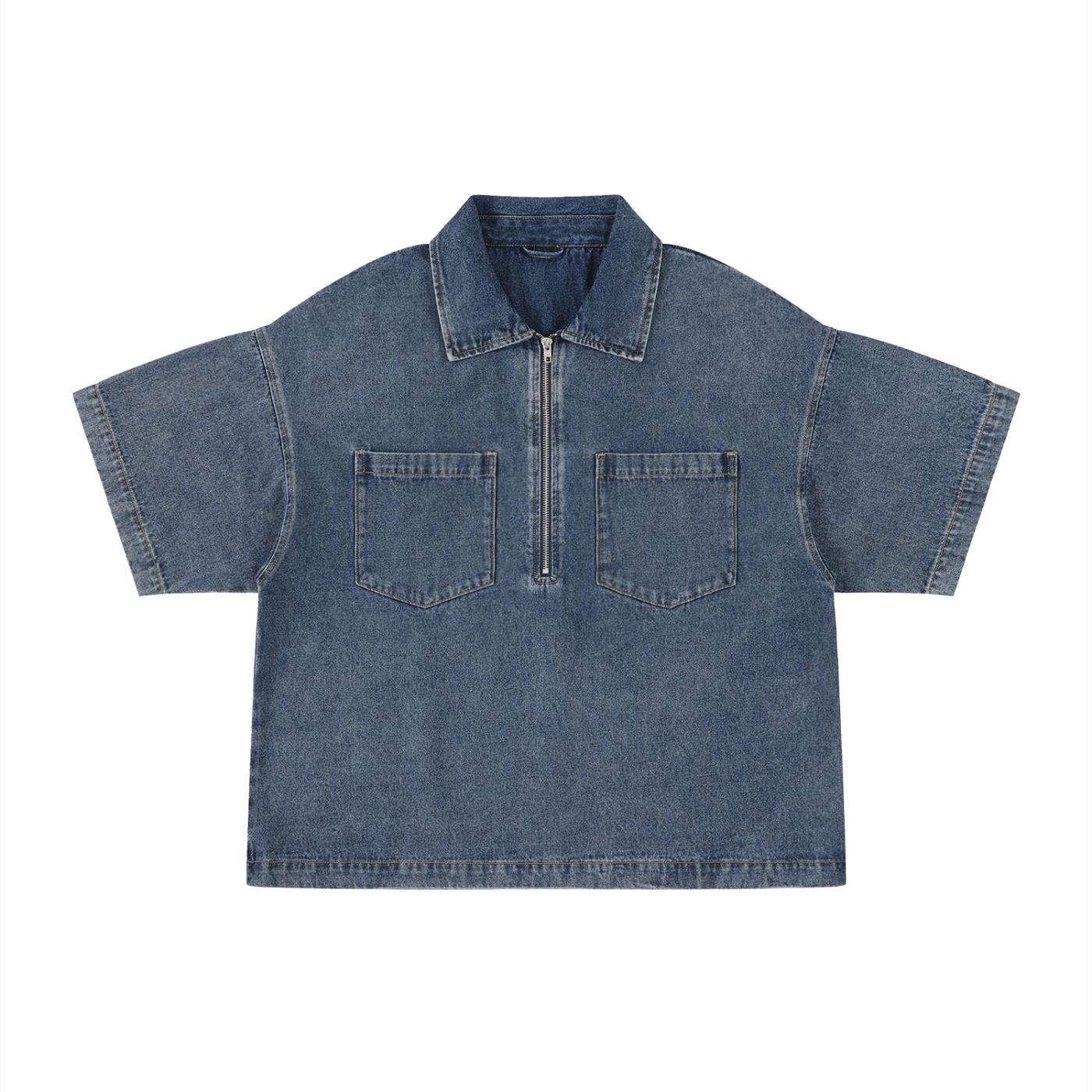 Unisex Vintage Wash Boxy Quarter-Zip Denim Shirt