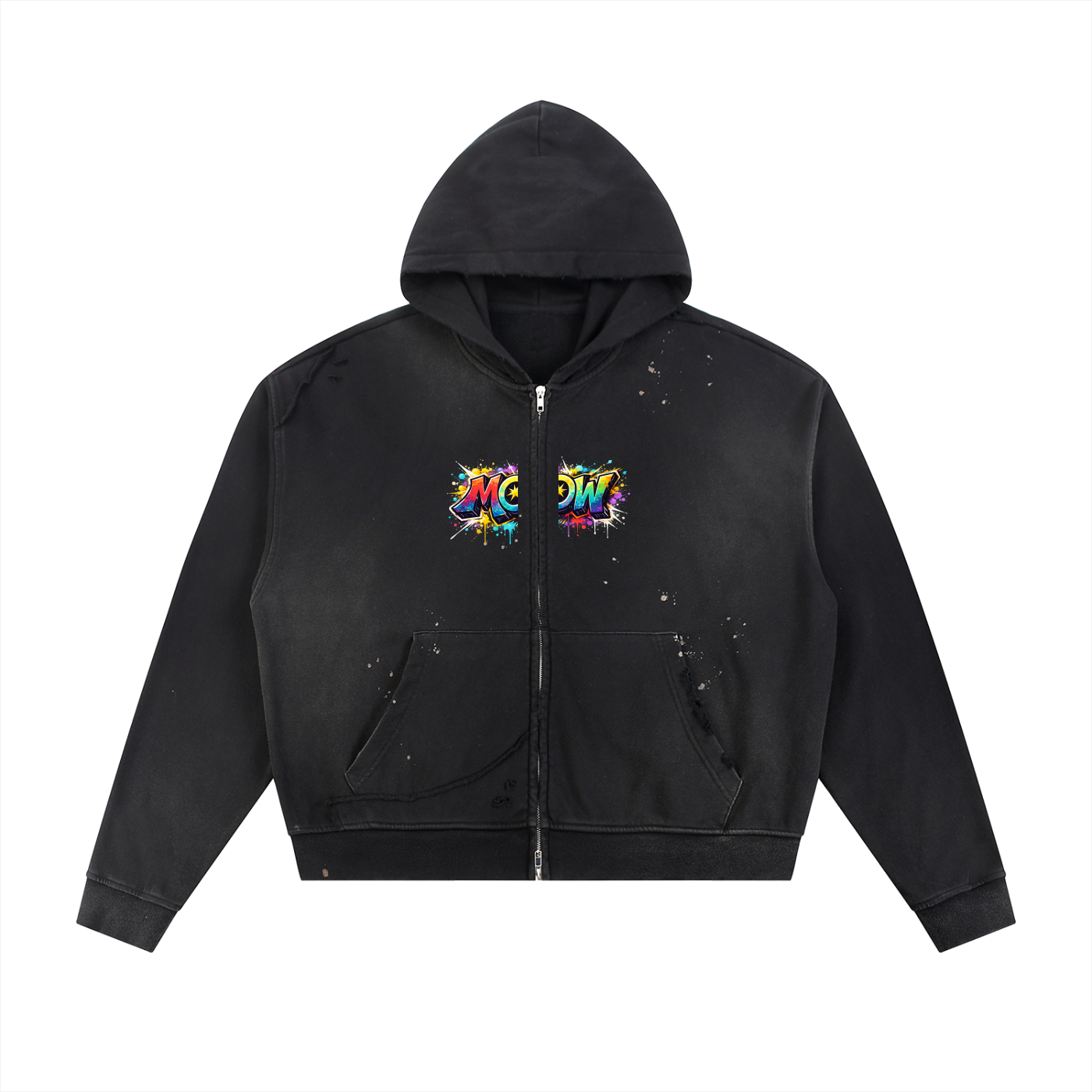 Sun Fade Frayed Raw Edge Fleece Zip Hoodie