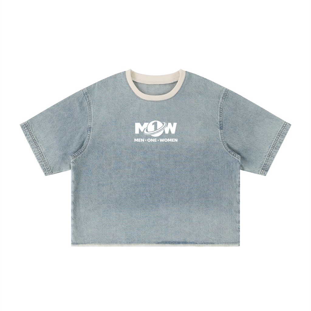 Unisex Vintage Wash Boxy Raw Hem Denim T-Shirt