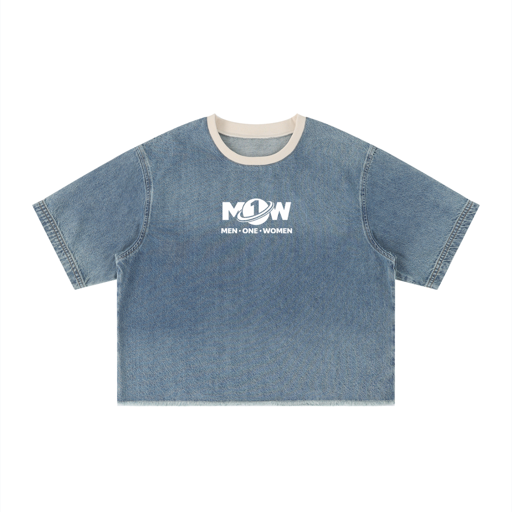 Unisex Vintage Wash Boxy Raw Hem Denim T-Shirt